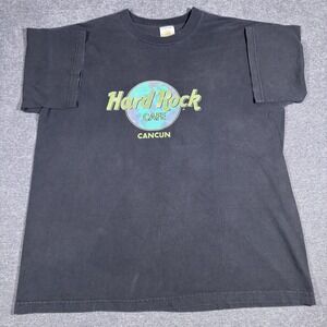 Men's Vintage Hard Rock Cafe Cancun T-shirt XL Black Faded Big Logo Boxy Fit